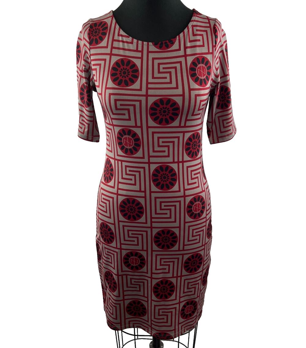 Tracy Negoshian Gray Red Black Floral Print Geometric Shift Dress 3/4 Sleeve XS